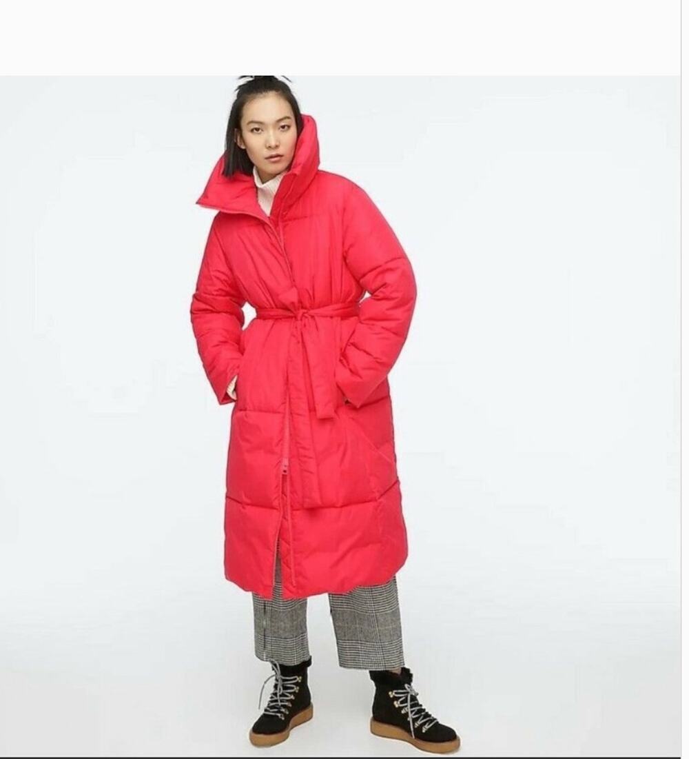 J Crew Long Belted Puffer Coat XS Rose Pink Puffy Insulated Warm Cozy AF015